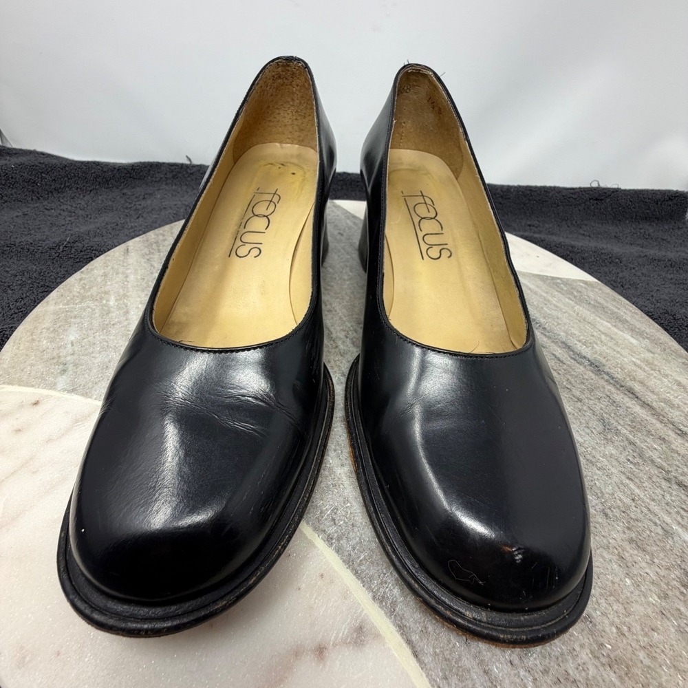 FOCUS‎ Womens Black Leather Block Heel Pumps Shoes Made in Spain Size 7.5 B